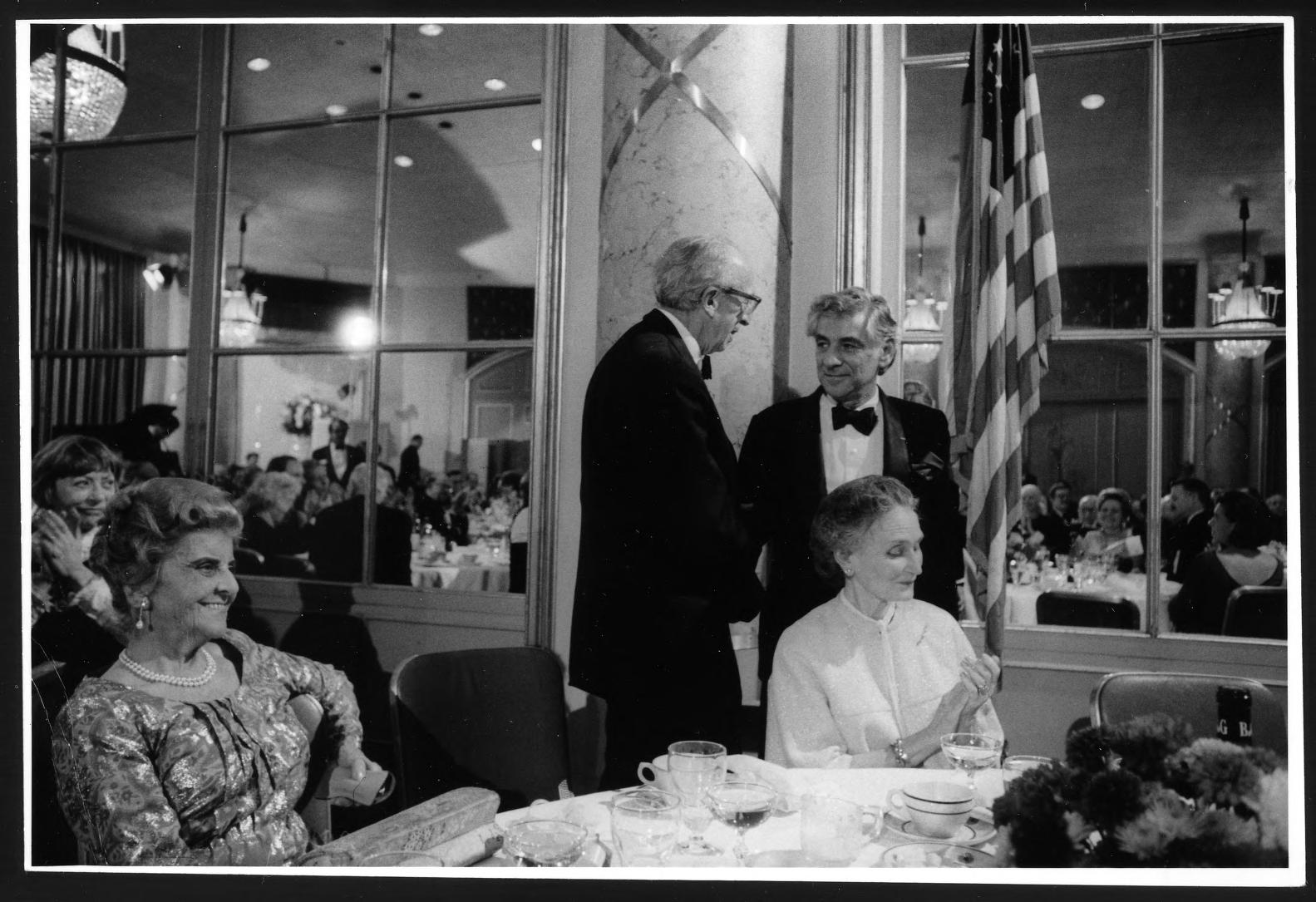 Aaron Copland 70th birthday celebration: Claire Reis, Copland, Leonard Bernstein, Olga Koussevitzky